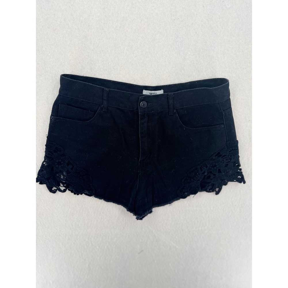 Forever 21 Black Denim Crochet Lace Trim Shorts Womens 29 High Waisted Festival